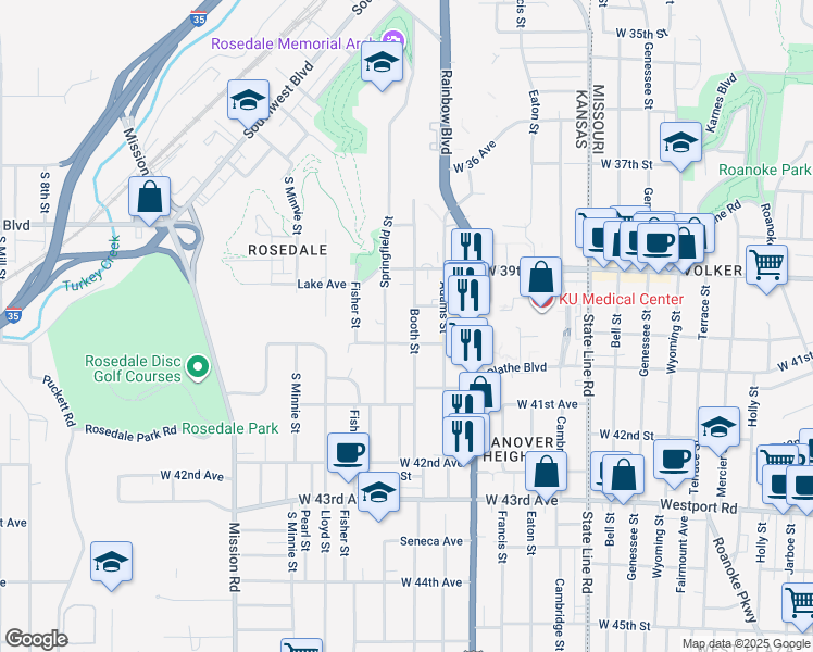 map of restaurants, bars, coffee shops, grocery stores, and more near 3937 Booth Street in Kansas City