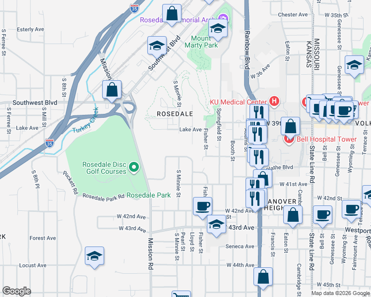map of restaurants, bars, coffee shops, grocery stores, and more near 3933 South Minnie Street in Kansas City