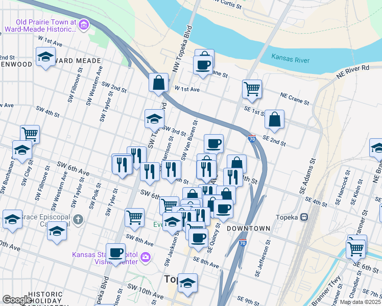 map of restaurants, bars, coffee shops, grocery stores, and more near in Topeka
