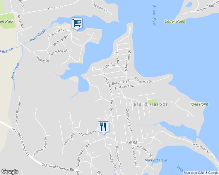 map of restaurants, bars, coffee shops, grocery stores, and more near 784 Valentine Road in Crownsville