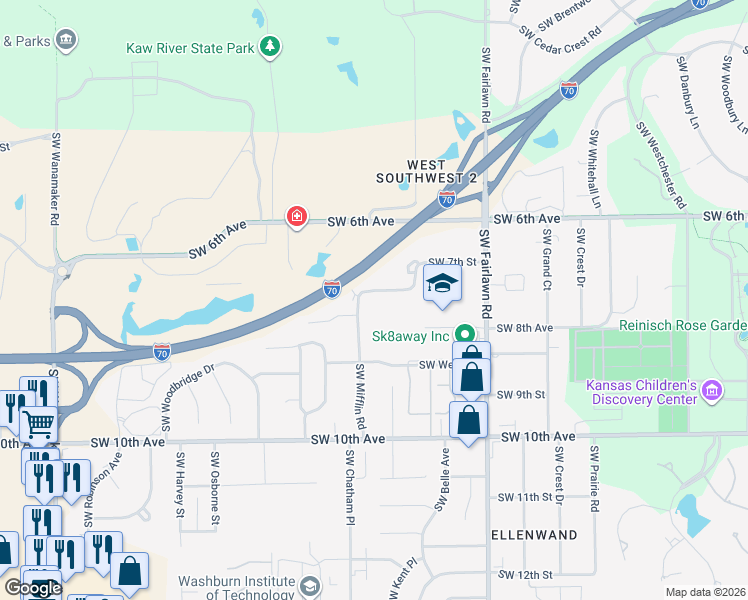 map of restaurants, bars, coffee shops, grocery stores, and more near 5423 Southwest 7th Street in Topeka