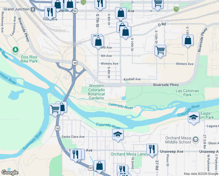 map of restaurants, bars, coffee shops, grocery stores, and more near 745 Struthers Avenue in Grand Junction