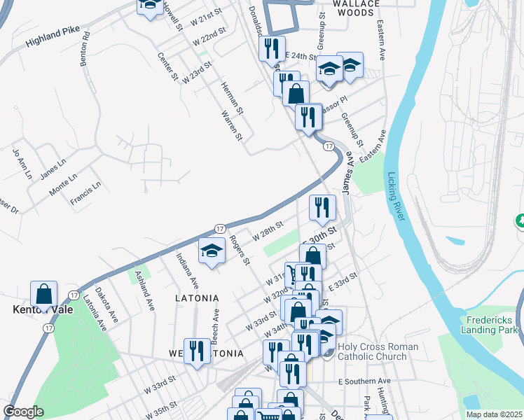 map of restaurants, bars, coffee shops, grocery stores, and more near 2806 Madison Avenue in Covington