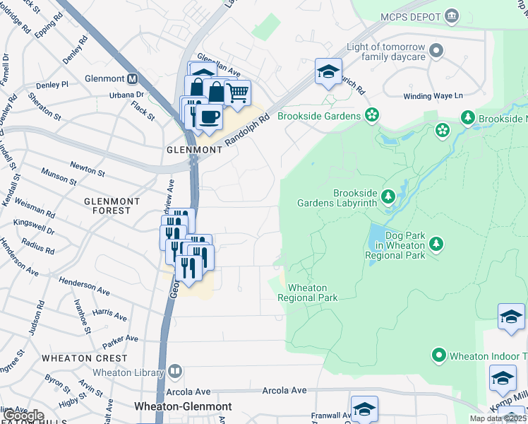 map of restaurants, bars, coffee shops, grocery stores, and more near 2166 Georgian Woods Place in Silver Spring