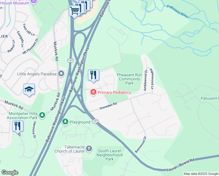 map of restaurants, bars, coffee shops, grocery stores, and more near 9925 Mallard Drive in Laurel