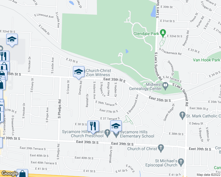 map of restaurants, bars, coffee shops, grocery stores, and more near 3513 Kings Highway in Independence
