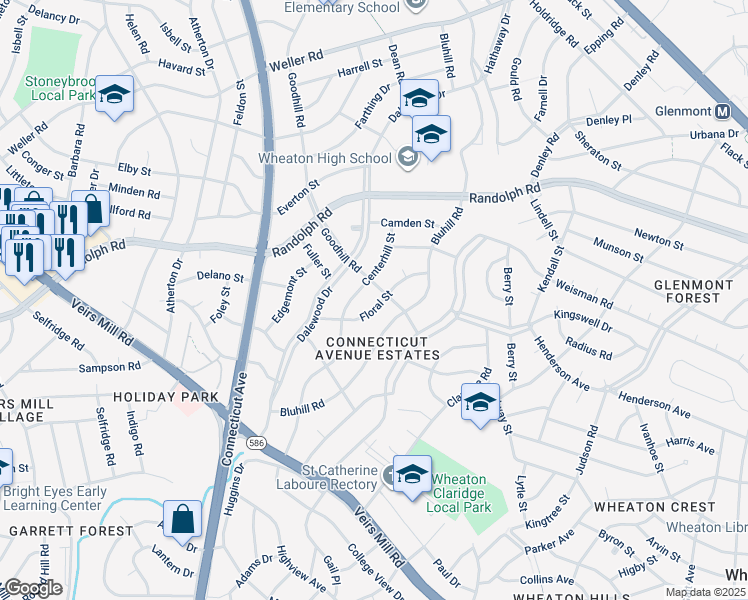 map of restaurants, bars, coffee shops, grocery stores, and more near 3407 Floral Street in Silver Spring