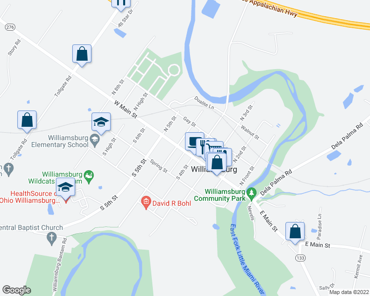 map of restaurants, bars, coffee shops, grocery stores, and more near 460 West Main Street in Williamsburg