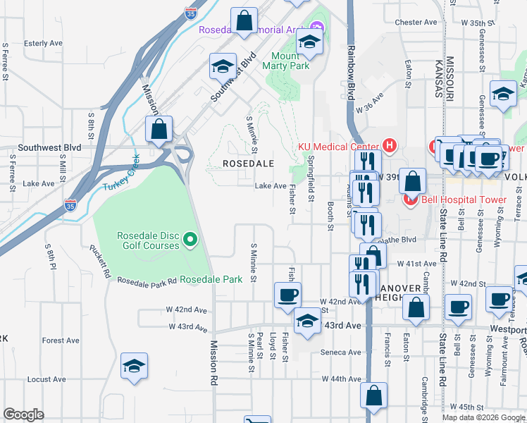 map of restaurants, bars, coffee shops, grocery stores, and more near 3933 South Minnie Street in Kansas City