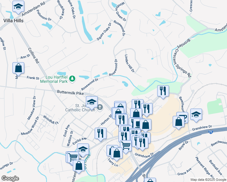 map of restaurants, bars, coffee shops, grocery stores, and more near 2320 Crestbrook Drive in Crescent Springs