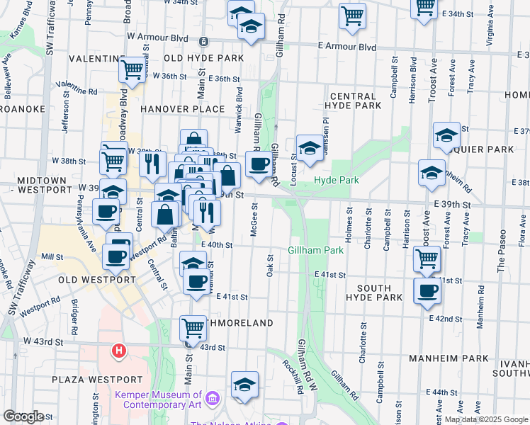 map of restaurants, bars, coffee shops, grocery stores, and more near 315 East 39th Street in Kansas City