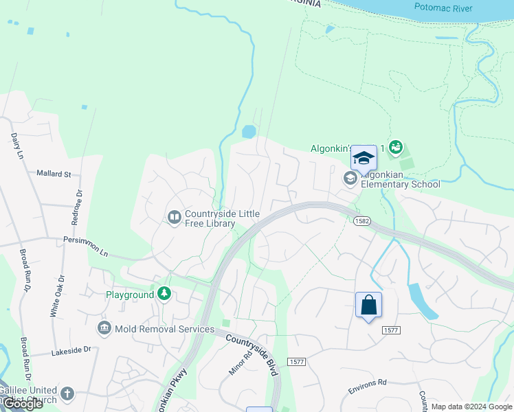 map of restaurants, bars, coffee shops, grocery stores, and more near 8 Fenton Wood Drive in Sterling