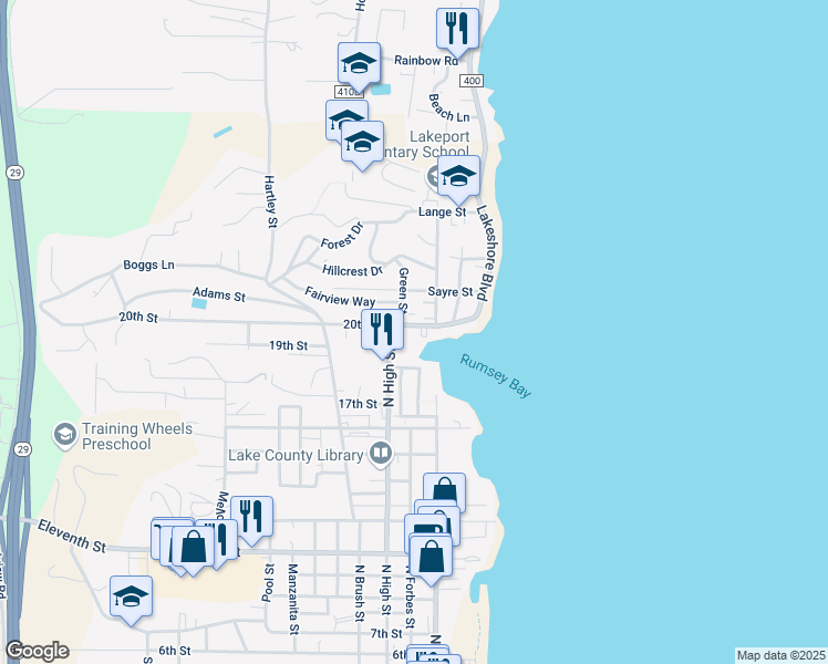 map of restaurants, bars, coffee shops, grocery stores, and more near 1930 Lakeshore Boulevard in Lakeport