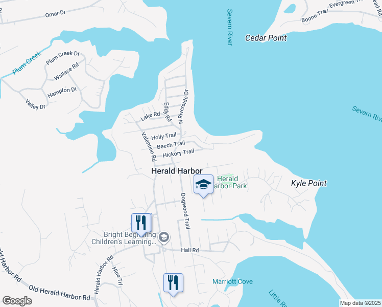 map of restaurants, bars, coffee shops, grocery stores, and more near 365 Hickory Trail in Crownsville