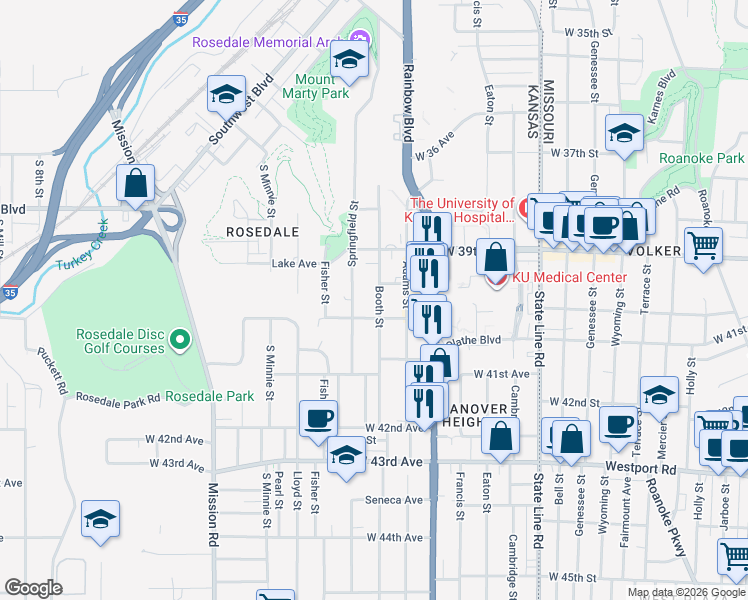 map of restaurants, bars, coffee shops, grocery stores, and more near 3934 Booth Street in Kansas City