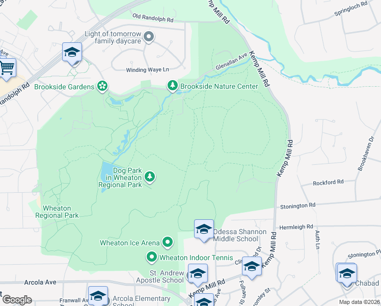 map of restaurants, bars, coffee shops, grocery stores, and more near Arcola Trail in Silver Spring