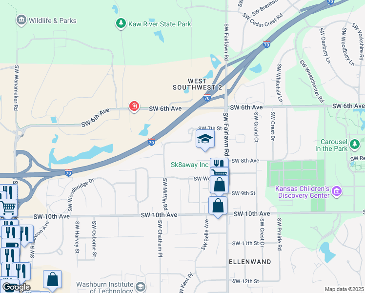 map of restaurants, bars, coffee shops, grocery stores, and more near 5401 Southwest 7th Street in Topeka