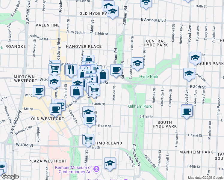 map of restaurants, bars, coffee shops, grocery stores, and more near 3918 McGee Street in Kansas City