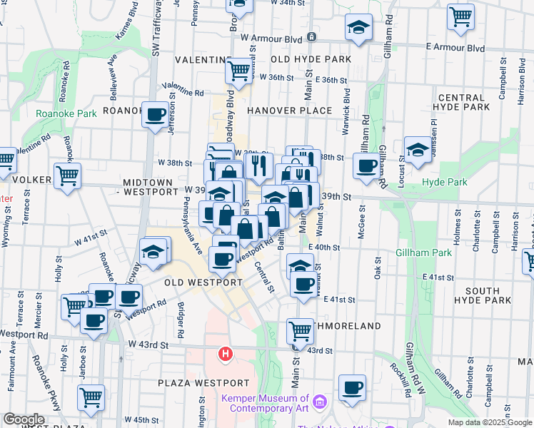 map of restaurants, bars, coffee shops, grocery stores, and more near 3925 Wyandotte Street in Kansas City