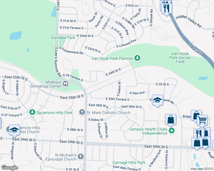 map of restaurants, bars, coffee shops, grocery stores, and more near 16539 East 35th Street South in Independence