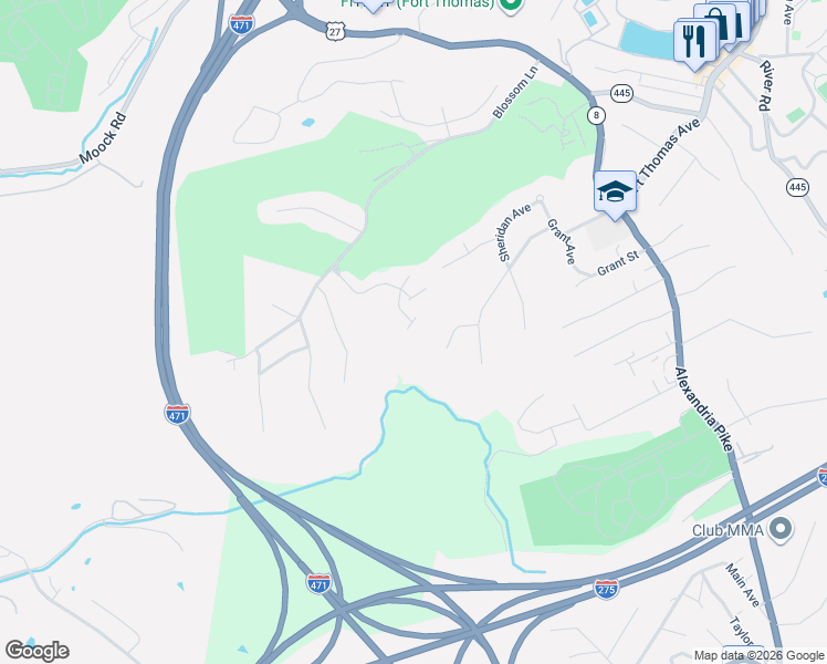 map of restaurants, bars, coffee shops, grocery stores, and more near 21 Fairview Place in Fort Thomas