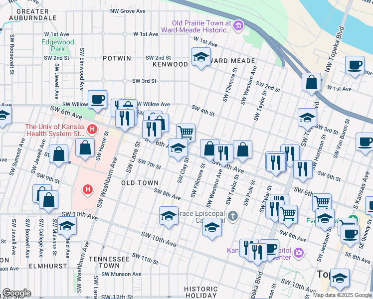 map of restaurants, bars, coffee shops, grocery stores, and more near 1100 Southwest 6th Avenue in Topeka