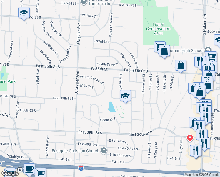 map of restaurants, bars, coffee shops, grocery stores, and more near 3600 South Cottage Avenue in Independence