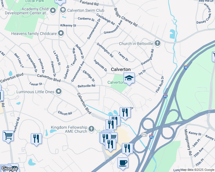 map of restaurants, bars, coffee shops, grocery stores, and more near 3753 Beltsville Road in Calverton