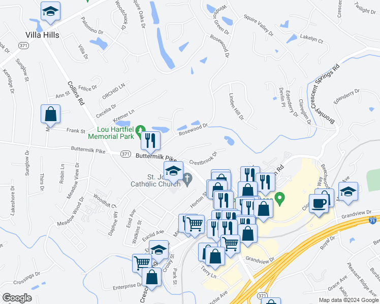 map of restaurants, bars, coffee shops, grocery stores, and more near 2489 High Crossing Drive in Crescent Springs