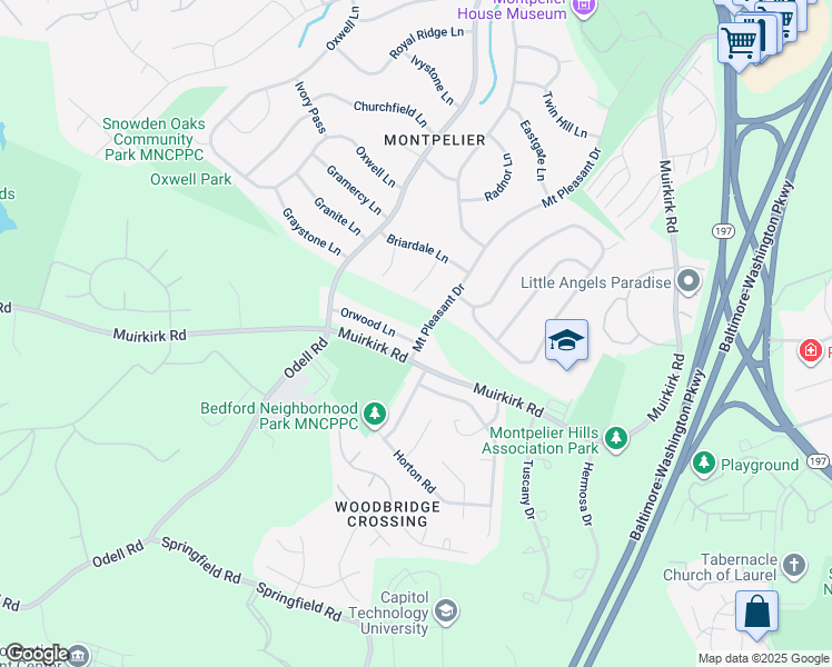 map of restaurants, bars, coffee shops, grocery stores, and more near 12104 Mount Pleasant Drive in Laurel