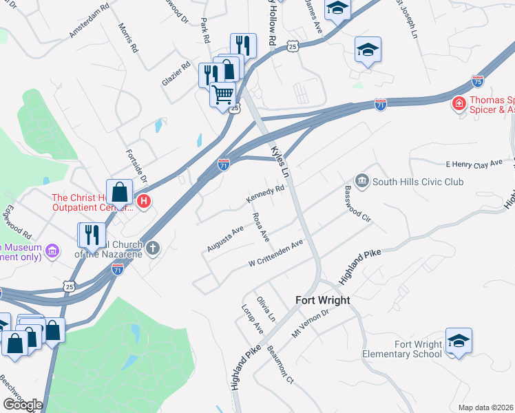 map of restaurants, bars, coffee shops, grocery stores, and more near 26 Lake Street in Fort Wright