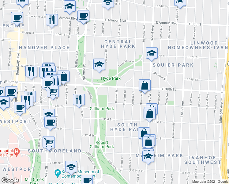 map of restaurants, bars, coffee shops, grocery stores, and more near 3915 Holmes Street in Kansas City
