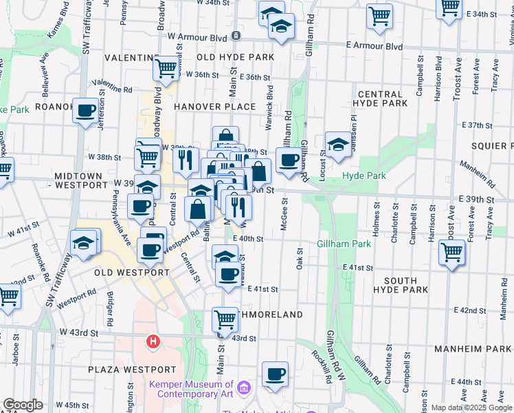 map of restaurants, bars, coffee shops, grocery stores, and more near 3924 Warwick Boulevard in Kansas City
