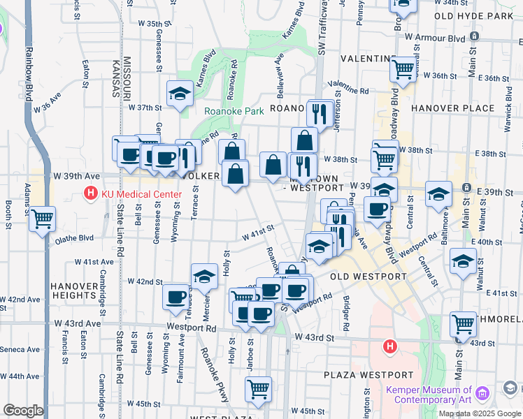 map of restaurants, bars, coffee shops, grocery stores, and more near 3944 Roanoke Road in Kansas City