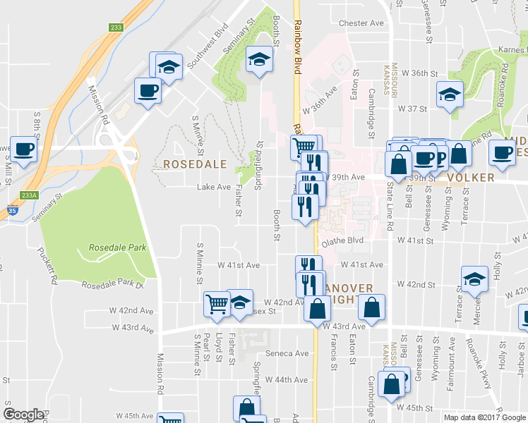 map of restaurants, bars, coffee shops, grocery stores, and more near 3938 Springfield Street in Kansas City