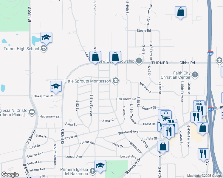 map of restaurants, bars, coffee shops, grocery stores, and more near 2529 South 50 Street in Kansas City