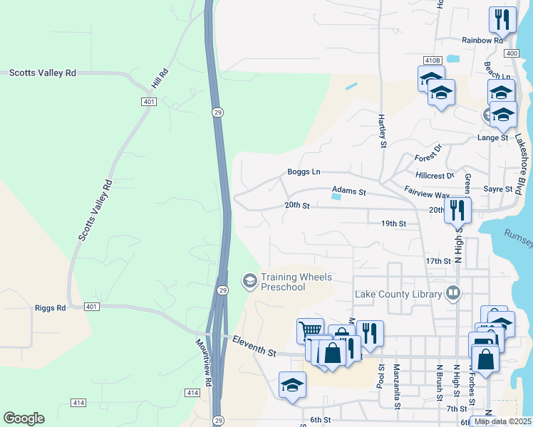 map of restaurants, bars, coffee shops, grocery stores, and more near 1994 Alden Avenue in Lakeport