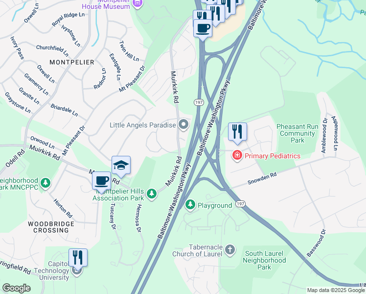 map of restaurants, bars, coffee shops, grocery stores, and more near 12101 Ivory Fashion Court in Laurel