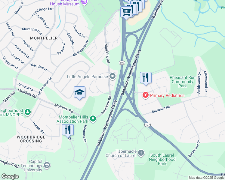 map of restaurants, bars, coffee shops, grocery stores, and more near 12101 Ivory Fashion Court in Laurel
