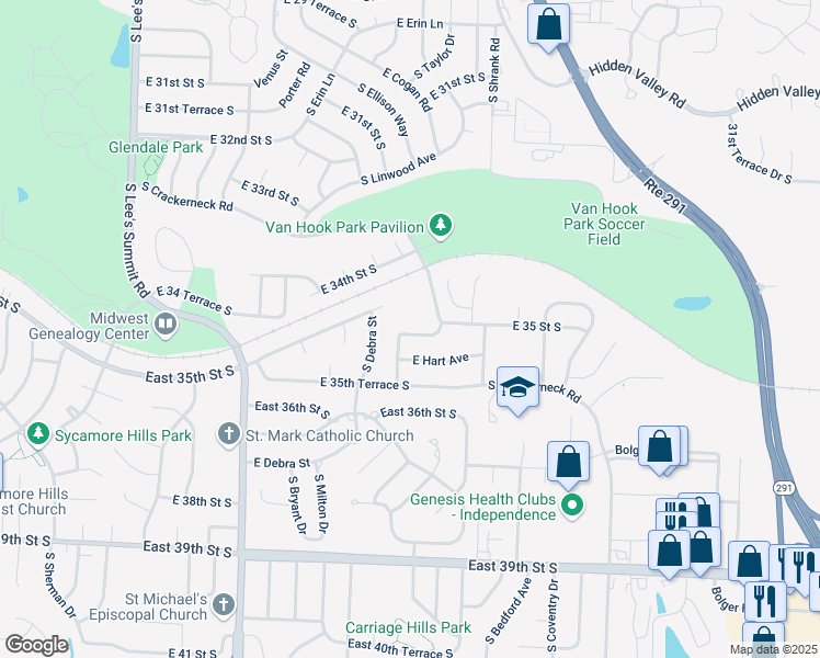 map of restaurants, bars, coffee shops, grocery stores, and more near 16921 York Avenue in Independence
