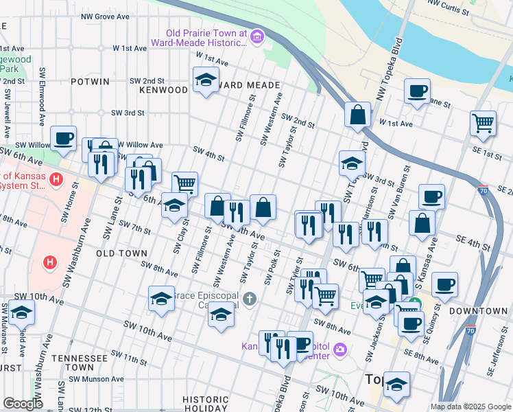 map of restaurants, bars, coffee shops, grocery stores, and more near 811 Southwest 5th Street in Topeka