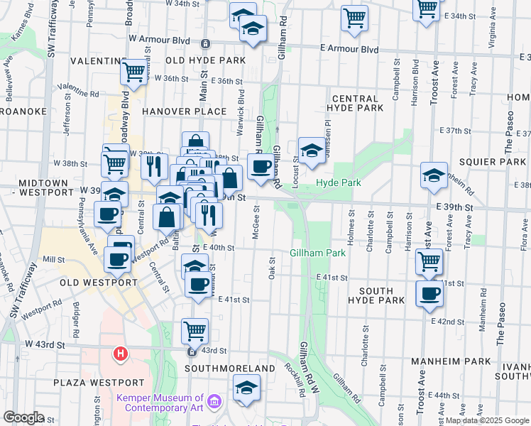 map of restaurants, bars, coffee shops, grocery stores, and more near 3918 McGee Street in Kansas City
