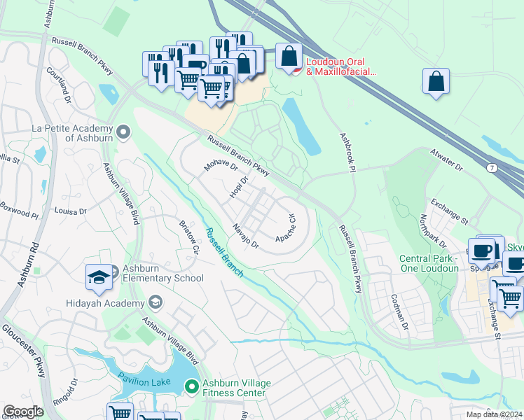 map of restaurants, bars, coffee shops, grocery stores, and more near 44298 Pawnee Terrace in Ashburn