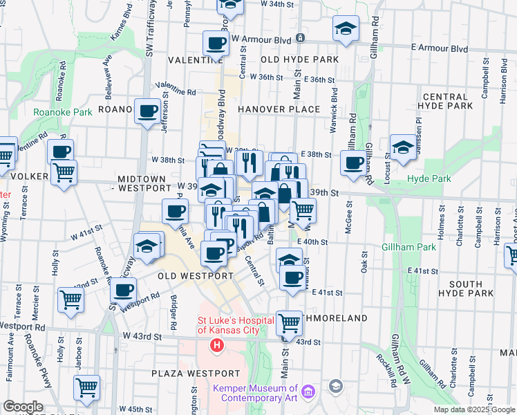 map of restaurants, bars, coffee shops, grocery stores, and more near 3921 Wyandotte Street in Kansas City