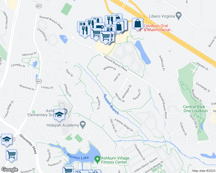 map of restaurants, bars, coffee shops, grocery stores, and more near 44217 Navajo Drive in Ashburn
