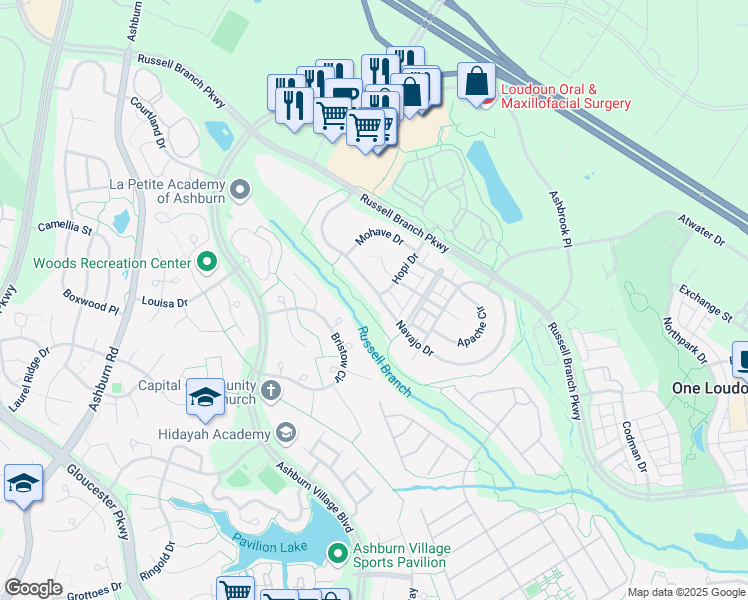 map of restaurants, bars, coffee shops, grocery stores, and more near 44217 Navajo Drive in Ashburn