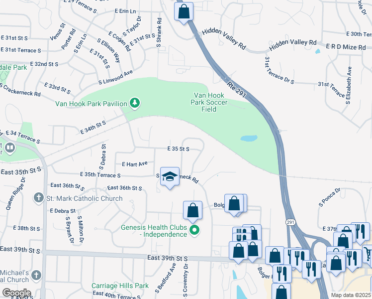 map of restaurants, bars, coffee shops, grocery stores, and more near 3504 South Atherton Avenue in Independence