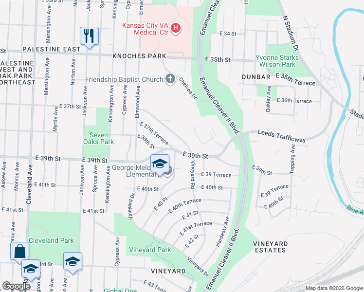 map of restaurants, bars, coffee shops, grocery stores, and more near 4904 East 39th Street in Kansas City