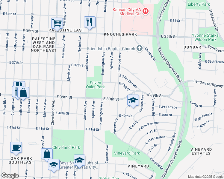 map of restaurants, bars, coffee shops, grocery stores, and more near 3828 Cypress Avenue in Kansas City