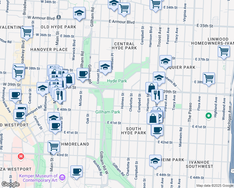 map of restaurants, bars, coffee shops, grocery stores, and more near 3923 Kenwood Avenue in Kansas City